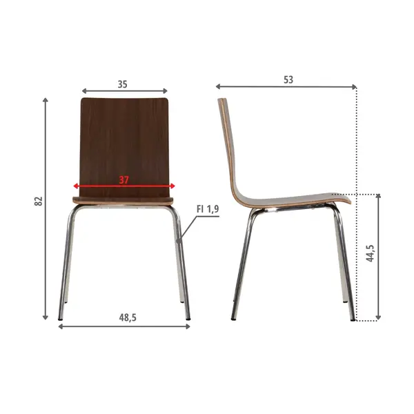 Stoel | DANIS | Houtlook (Walnoot) | RVS Poten | 485x530x820(h)mm