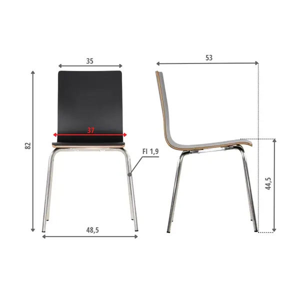 Stoel | DANIS | Zwart | RVS Poten | 485x530x820(h)mm