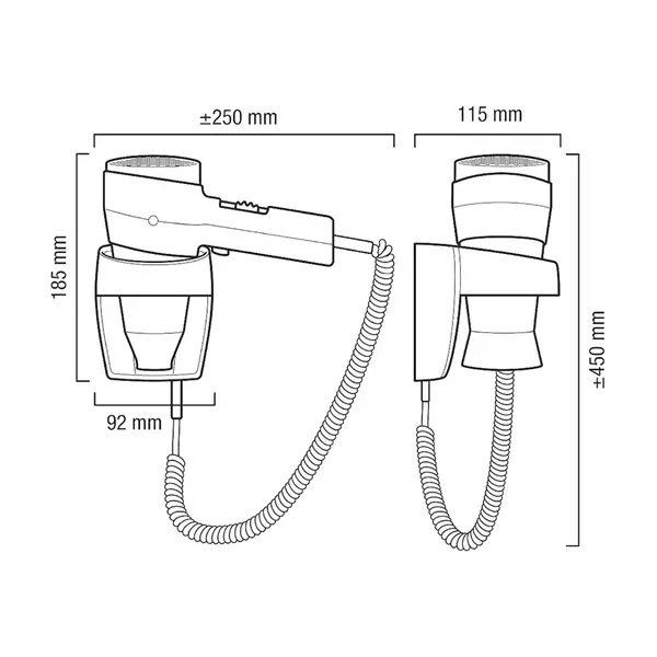 Hotelföhn | ACTION | RVS/Kunststof | 2 Snelheden + 3 Temperaturen | Uittrekbaar Snoer | 1.8kW (230V) | Wandmontage | 250x115x185/450(h)mm