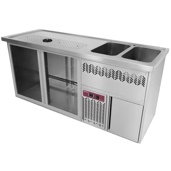 Modulair Barstation | BarLine | 370L  | RVS | 2 Compartimenten (Links) | +2°C/+8°C | Statisch + Ventilator | 2 Spoelbakken (Rechts) + Glazenspoeler | 1950x700x930(h)mm