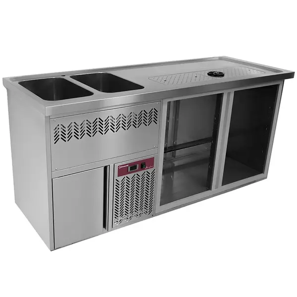 Modulair Barstation | BarLine | 370L  | RVS | 2 Compartimenten (Rechts) | +2°C/+8°C | Statisch + Ventilator | 2 Spoelbakken (Links) + Glazenspoeler | 1950x700x930(h)mm