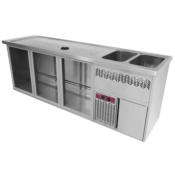 Modulair Barstation | BarLine | 555L  | RVS | 3 Compartimenten (Links) | +2°C/+8°C | Statisch + Ventilator | 2 Spoelbakken (Rechts) + Glazenspoeler | 2500x700x930(h)mm