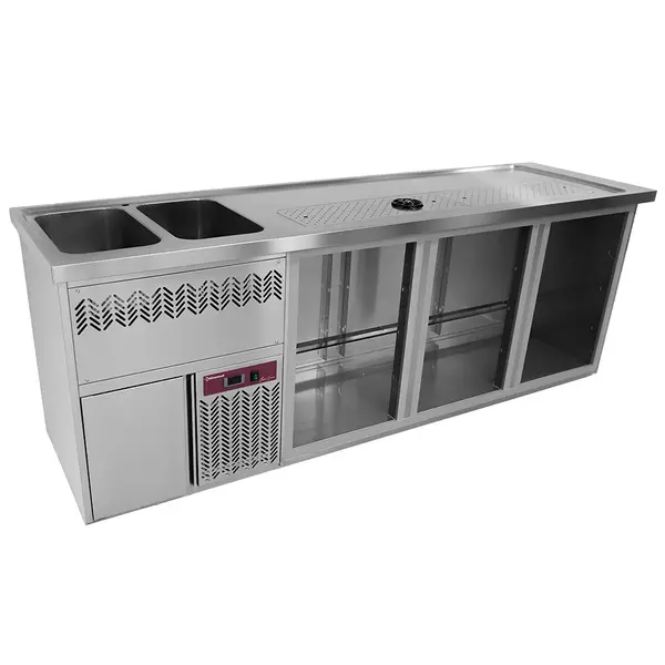 Modulair Barstation | BarLine | 555L  | RVS | 3 Compartimenten (Rechts) | +2°C/+8°C | Statisch + Ventilator | 2 Spoelbakken (Links) + Glazenspoeler | 2500x700x930(h)mm