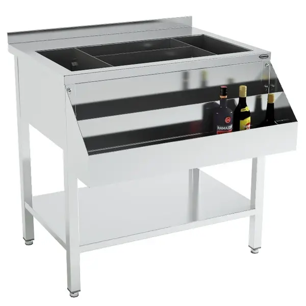 Bar-/Cocktailstation | RVS | IJs-/Ingrediëntenbak + Flessenrek | Bodemschap | Achteropstand | 900x740x900(h)mm