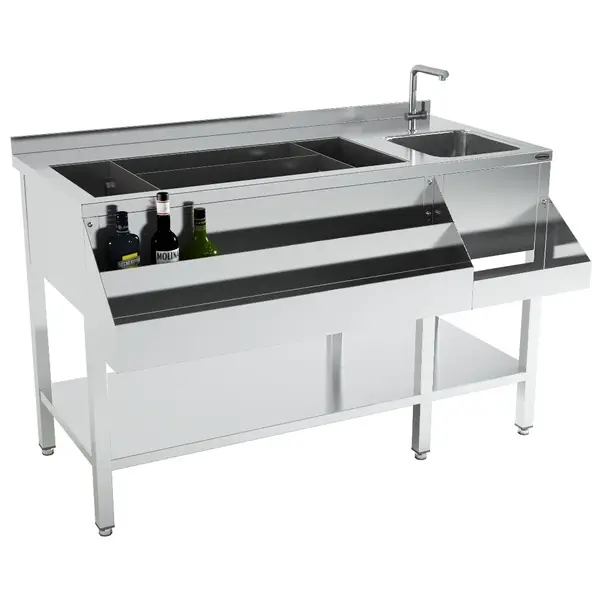 Bar-/Cocktailstation | RVS | IJs-/Ingrediëntenbak + Spoelbak + Flessenrek | Bodemschap | Achteropstand | 1400x740x900(h)mm