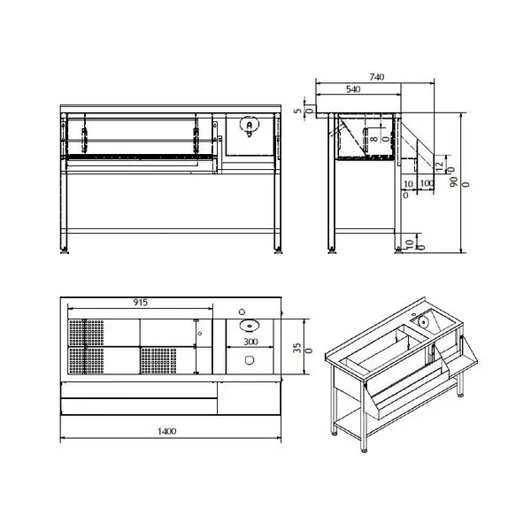 Bar-/Cocktailstation | RVS | IJs-/Ingrediëntenbak + Spoelbak + Flessenrek | Bodemschap | Achteropstand | 1400x740x900(h)mm