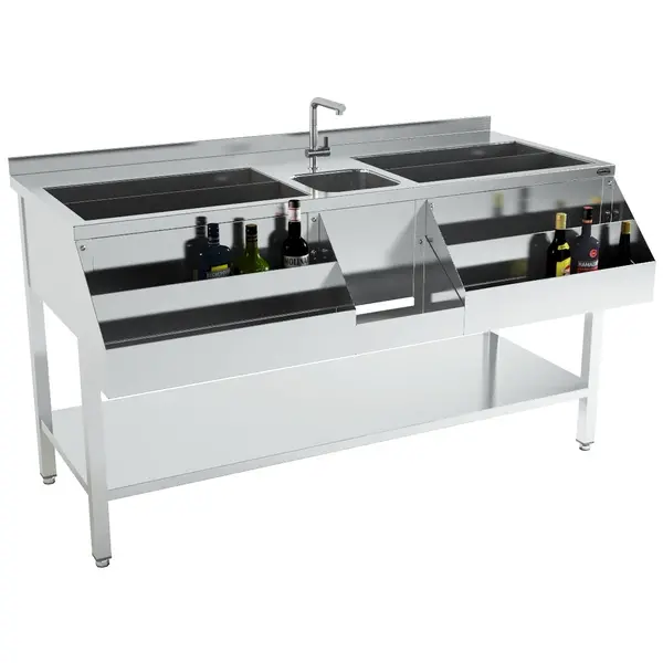 Bar-/Cocktailstation | RVS | IJs-/Ingrediëntenbakken + Spoelbak + Flessenrek | Bodemschap | Achteropstand | 1600x740x900(h)mm