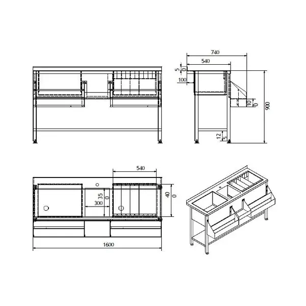 Bar-/Cocktailstation | RVS | IJs-/Ingrediëntenbakken + Spoelbak + Flessenrek | Bodemschap | Achteropstand | 1600x740x900(h)mm