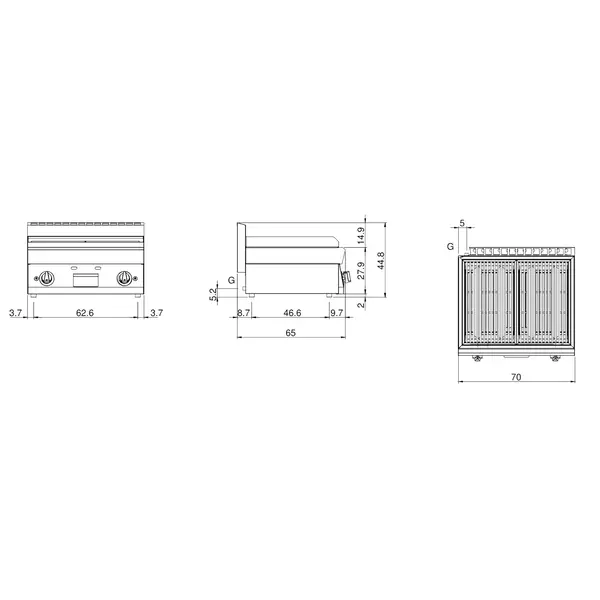 Lavasteengrill | FUN 650 | Gas | Oppervlak 640x500 (RVS) | 11kW | Piëzo Ontsteking | 700x650x448(h)mm