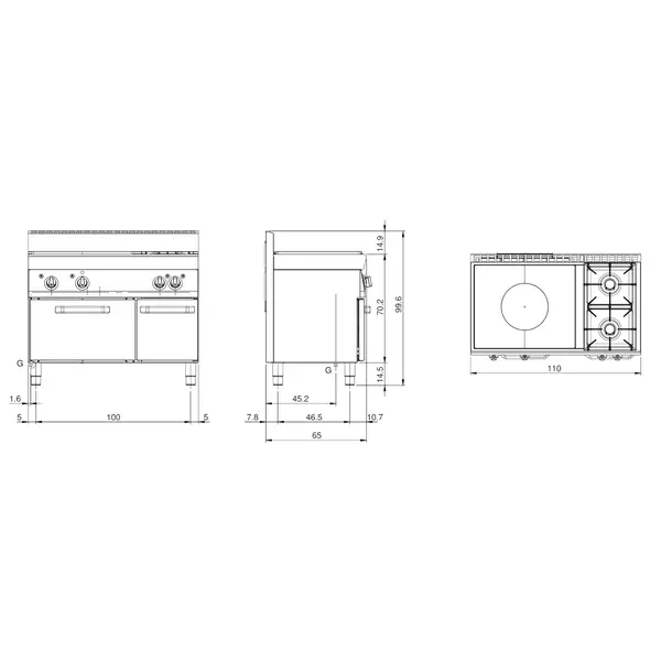 Fornuis/Doorkookplaat + Oven | FUN 650 | Gas | 2 Branders (3.6+5kW) + Plaat (8.2kW) + Oven (5kW) | Piëzo Ontsteking | Neutraal Vak | 1100x650x847/996(h)mm