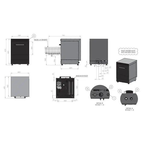 Glazenspoelmachine | MÜNCHEN | Mand 350x350 | Zeeppomp | Naglanspomp | 230V | 420x460x600(h)mm