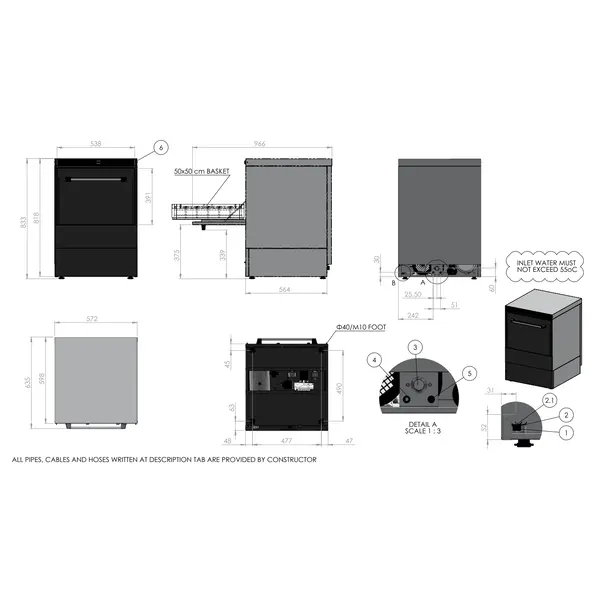 Horeca Vaatwasser | MARBURG | Mand 500x500 | Afvoerpomp | Zeeppomp | Naglanspomp | 230V | 570x600x830(h)mm