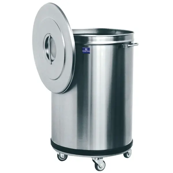 Afvalbak | RVS (Geborsteld) | 90L | Los Deksel | Wielen | Ø450x685(h)mm