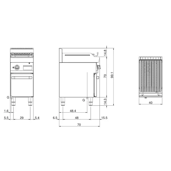 Lavasteengrill | FUN 700 | Gas | Oppervlak 360x520 (Gietijzer) | 7.5kW | Piëzo Ontsteking | Open Onderkast | 400x700x843/991(h)mm