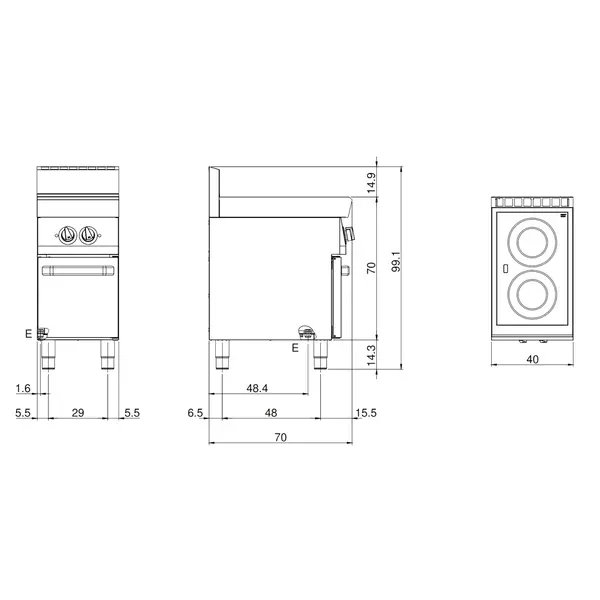 Glaskeramisch Fornuis | FUN 700 | Elektrisch | 2 Kookpunten (Ø200) | 5kW (400V) | Open Onderkast | 400x700x843/991(h)mm