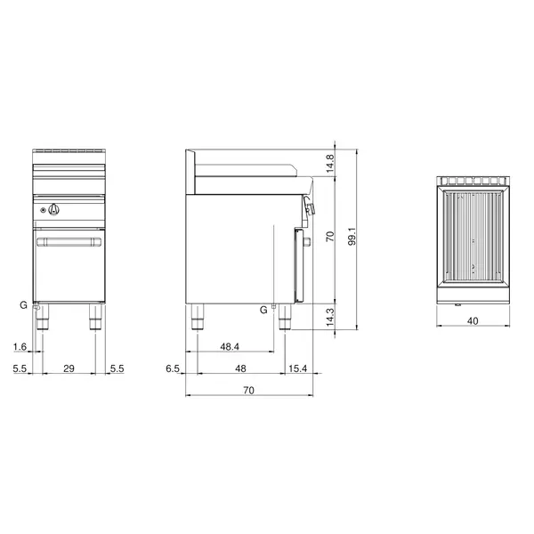 Stoomgrill | FUN 700 | Gas | Oppervlak 320x500 (RVS) | 7.5kW | Piëzo Ontsteking | Open Onderkast | 400x700x843/991(h)mm