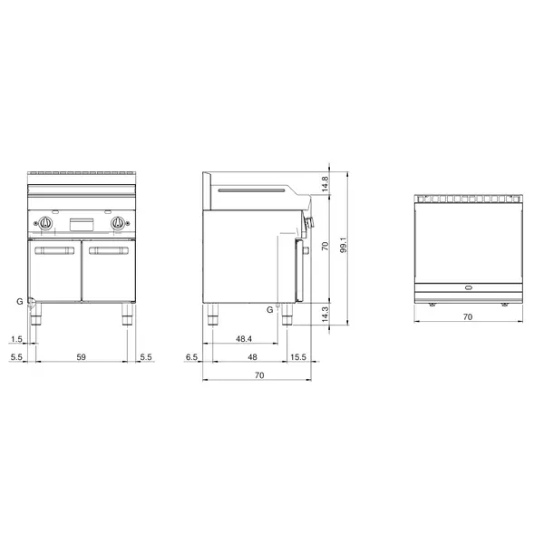 Bak-/Grillplaat | FUN 700 | Gas | Glad Oppervlak 696x520 (Staal) | 11.4kW | Piëzo Ontsteking | Open Onderkast | 700x700x843/991(h)mm