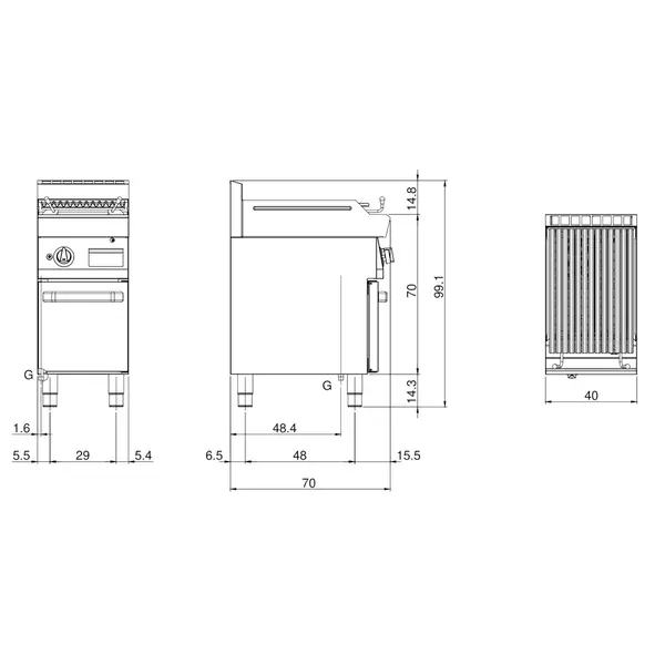 Lavasteengrill | FUN 700 | Gas | Oppervlak 360x520 (RVS) | 7.5kW | Piëzo Ontsteking | Open Onderkast | 400x700x843/991(h)mm