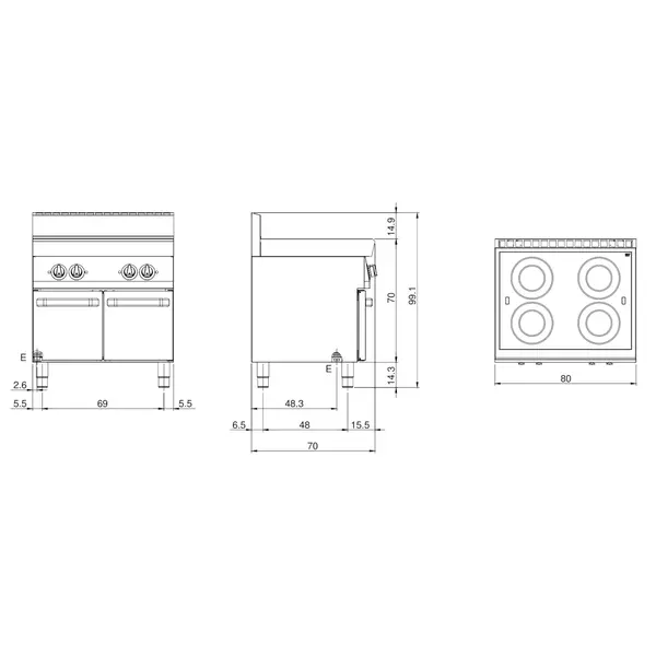Glaskeramisch Fornuis | FUN 700 | Elektrisch | 4 Kookpunten (Ø200) | 10kW (400V) | Open Onderkast | 700x700x843/991(h)mm