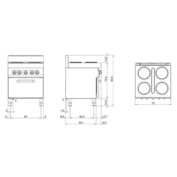 Fornuis + Heteluchtoven | FUN 700 | Elektrisch | 4 Kookpunten (Ø220) + Oven (1/1 GN) | 14.36kW (400V) | 700x700x847/995(h)mm