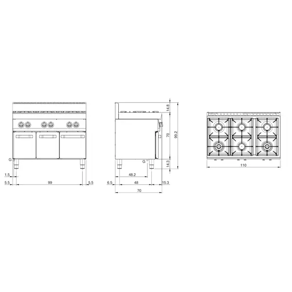 Fornuis | FUN 700 | Aard-/Propaangas | 6 Branders (4x 3.7kW + 2x 5.5kW) | Waakvlam | Open Onderkast | 1100x700x843/992(h)mm
