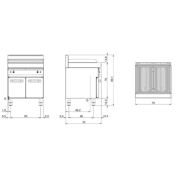 Stoomgrill | FUN 700 | Gas | Oppervlak 640x500 (RVS) | 15kW | Piëzo Ontsteking | Open Onderkast | 700x700x843/991(h)mm