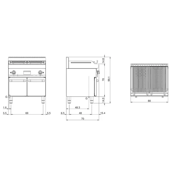 Lavasteengrill | FUN 700 | Gas | Oppervlak 720x520 (RVS) | 15kW | Piëzo Ontsteking | Open Onderkast | 800x700x843/991(h)mm