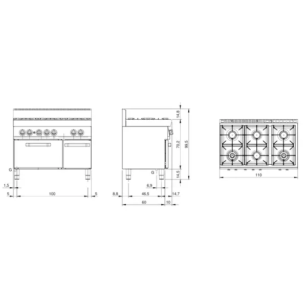 Fornuis + Oven | FUN 700 | Aardgas | 6 Branders (4x 3.7kW + 2x 5.5kW) + Oven (5kW) | Piëzo Ontsteking | Neutraal Vak | 700x700x847/995(h)mm