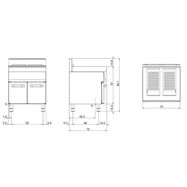 Friteuse | FUN 700 | Aard-/Propaangas | 13+13L | ≤190°C | 22kW | Aftapkranen | Piëzo Ontsteking | 700x700x843/991(h)mm
