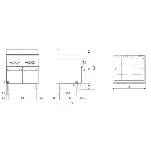 Inductiefornuis | FUN 700 | 4 Kookpunten | 14kW (400V) | Open Onderkast | 800x700x843/991(h)mm