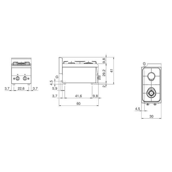 Fornuis | FUN 600 | Aardgas | 2 Branders (3.3+3.6kW) | Piëzo Ontsteking | 300x600x410(h)mm