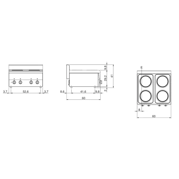 Fornuis | FUN 600 | Elektrisch | 4 Kookpunten (Ø220) | 8kW (400V) | 600x600x410(h)mm