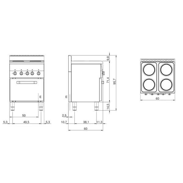 Fornuis + Heteluchtoven | FUN 600 | Elektrisch | 4 Kookpunten (Ø220) + Oven (2/3 GN) | 11kW (400V) | 600x600x859/957(h)mm