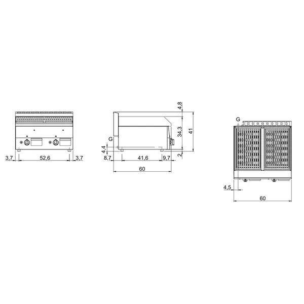 Lavasteengrill | FUN 600 | Gas | Oppervlak 540x440 (RVS) | 11kW | Piëzo Ontsteking | 600x600x410(h)mm