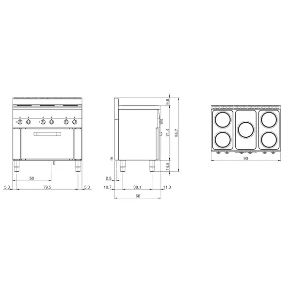 Fornuis + Heteluchtoven | FUN 600 | Elektrisch | 5 Kookpunten (Ø220) + Oven (1/1 GN) | 13kW (400V) | 900x600x859/957(h)mm