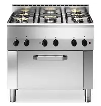Modular Fornuis + Heteluchtoven | FUN 600 | Gas/Elektrisch | 5 Branders (2x 3.3kW + 3x 3.6kW) + 1/1 GN Oven (3kW-230V) | Piëzo Ontsteking | 900x600x859/957(h)mm 