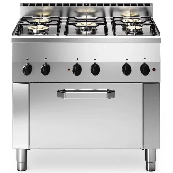 Fornuis + Heteluchtoven | FUN 600 | Gas/Elektrisch | 5 Branders (2x 3.3kW + 3x 3.6kW) + 1/1 GN Oven (3kW-230V) | Piëzo Ontsteking | 900x600x859/957(h)mm