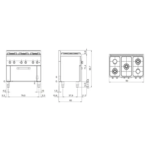 Fornuis + Heteluchtoven | FUN 600 | Gas/Elektrisch | 5 Branders (2x 3.3kW + 3x 3.6kW) + 1/1 GN Oven (3kW-230V) | Piëzo Ontsteking | 900x600x859/957(h)mm