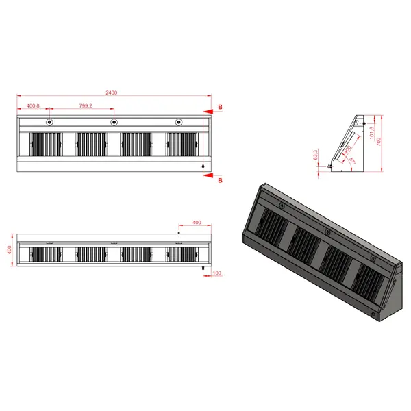 RVS afzuigkap schuinmodel | 2400x700x400(h)mm