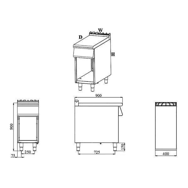 Neutrale Werkunit | BASE 900 | RVS | Open Onderkast | Achteropstand | 400x900x900(h)mm