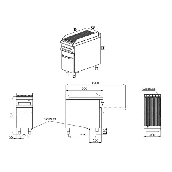 Stoomgrill | BASE 900 | Gas | Oppervlak 390x650 (RVS) | 11kW | Piëzo Ontsteking | Uitneembare Waterlade | 400x900x900(h)mm