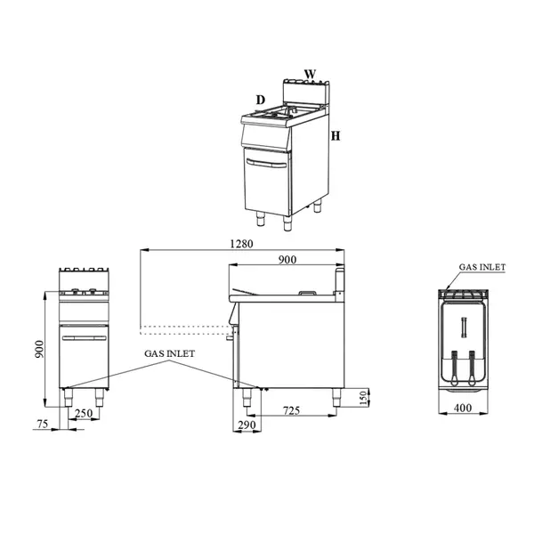 Friteuse | BASE 900 | Gas | 19L | 110°C/190°C | 18kW | Piëzo Ontsteking | Aftapkraan | 400x900x900(h)mm