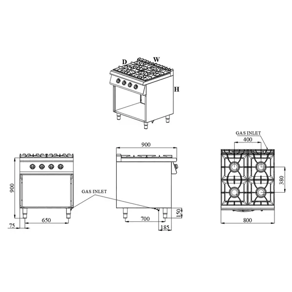 Fornuis | BASE 900 | Gas | 4 Branders (4x 8.5kW) | Waakvlam | Open Onderkast | 800x900x900(h)mm