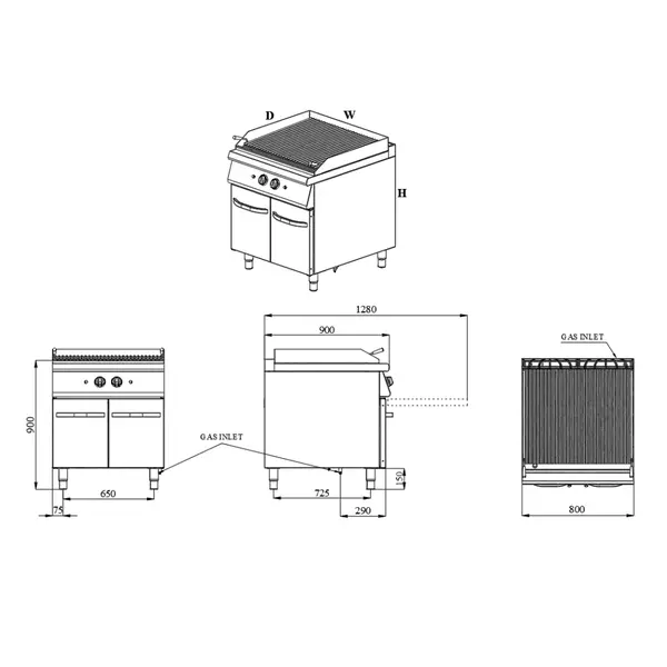 Lavasteengrill | BASE 900 | Gas | Oppervlak 760x700 (RVS) | 18kW | Piëzo Ontsteking | Open Onderkast | 800x900x900(h)mm