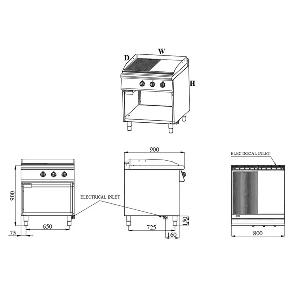 Bak-/Grillplaat | BASE 900 | Elektrisch | Glad/Gegroefd Oppervlak 792x670 (RVS) | 50°C/300°C | 12kW (400V) | Open Onderkast | 800x900x900(h)mm