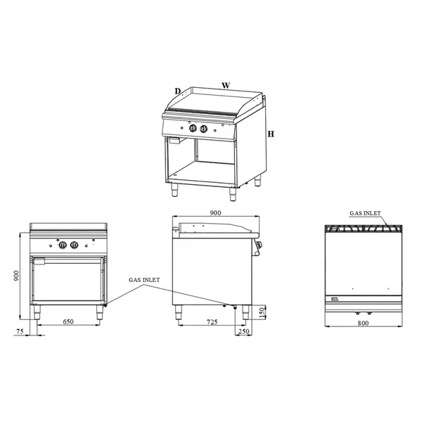 Bak-/Grillplaat | BASE 900 | Gas | Glad Oppervlak 792x670 (Verchroomd) | 18kW | Piëzo Ontsteking | Open Onderkast | 800x900x900(h)mm