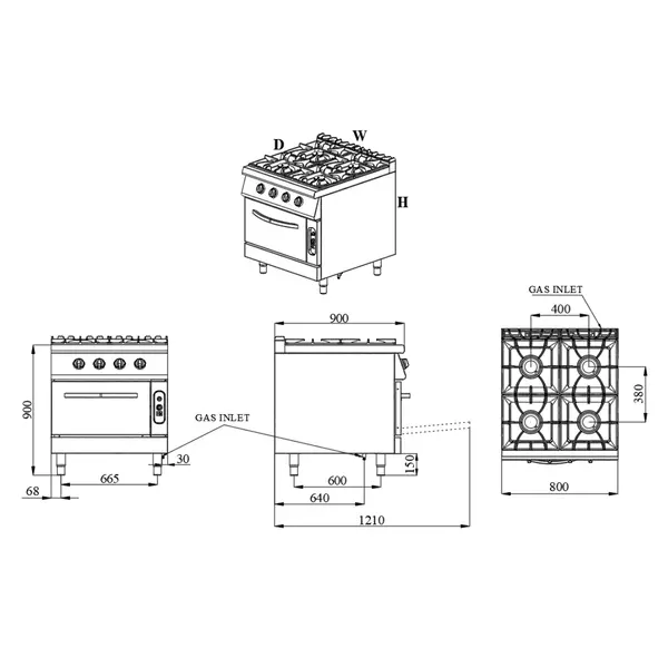 Fornuis + Oven | BASE 900 | Gas | 4 Branders (4x 8.5kW) + 2/1 GN Oven (6kW) | Waakvlam/Piëzo | 800x900x900(h)mm