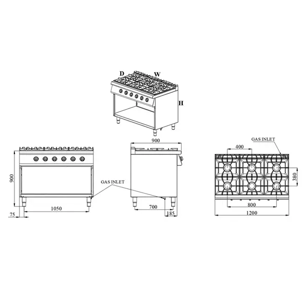 Fornuis | BASE 900 | Gas | 6 Branders (6x 8.5kW) | Waakvlam | Open Onderkast | 1200x900x900(h)mm