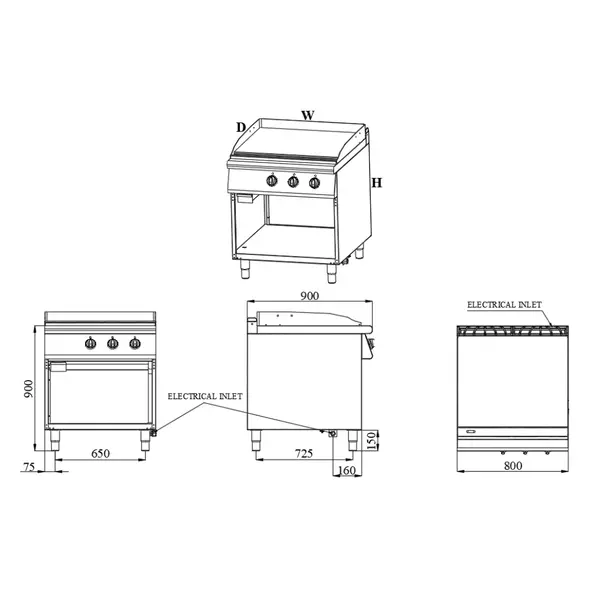 Bak-/Grillplaat | BASE 900 | Elektrisch | Glad Oppervlak 792x670 (Verchroomd) | 50°C/300°C | 12kW (400V) | Open Onderkast | 800x900x900(h)mm