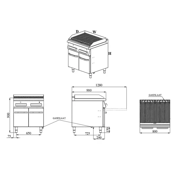 Stoomgrill | BASE 900 | Gas | Oppervlak 760x670 (RVS) | 22kW | Piëzo Ontsteking | Uitneembare Waterlade | 800x900x900(h)mm